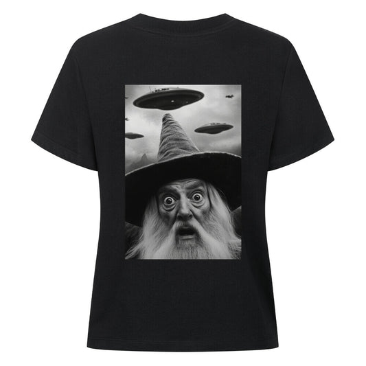 Damen T-Shirt Funny Wizard with Ufos Backprint lustiger Zauberer mit Ufos