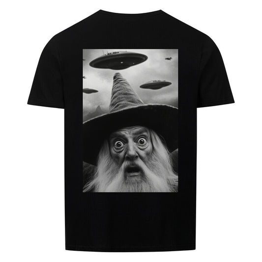 T-Shirt Unisex Funny Wizard with Ufos Backprint lustiger Zauberer mit Ufos