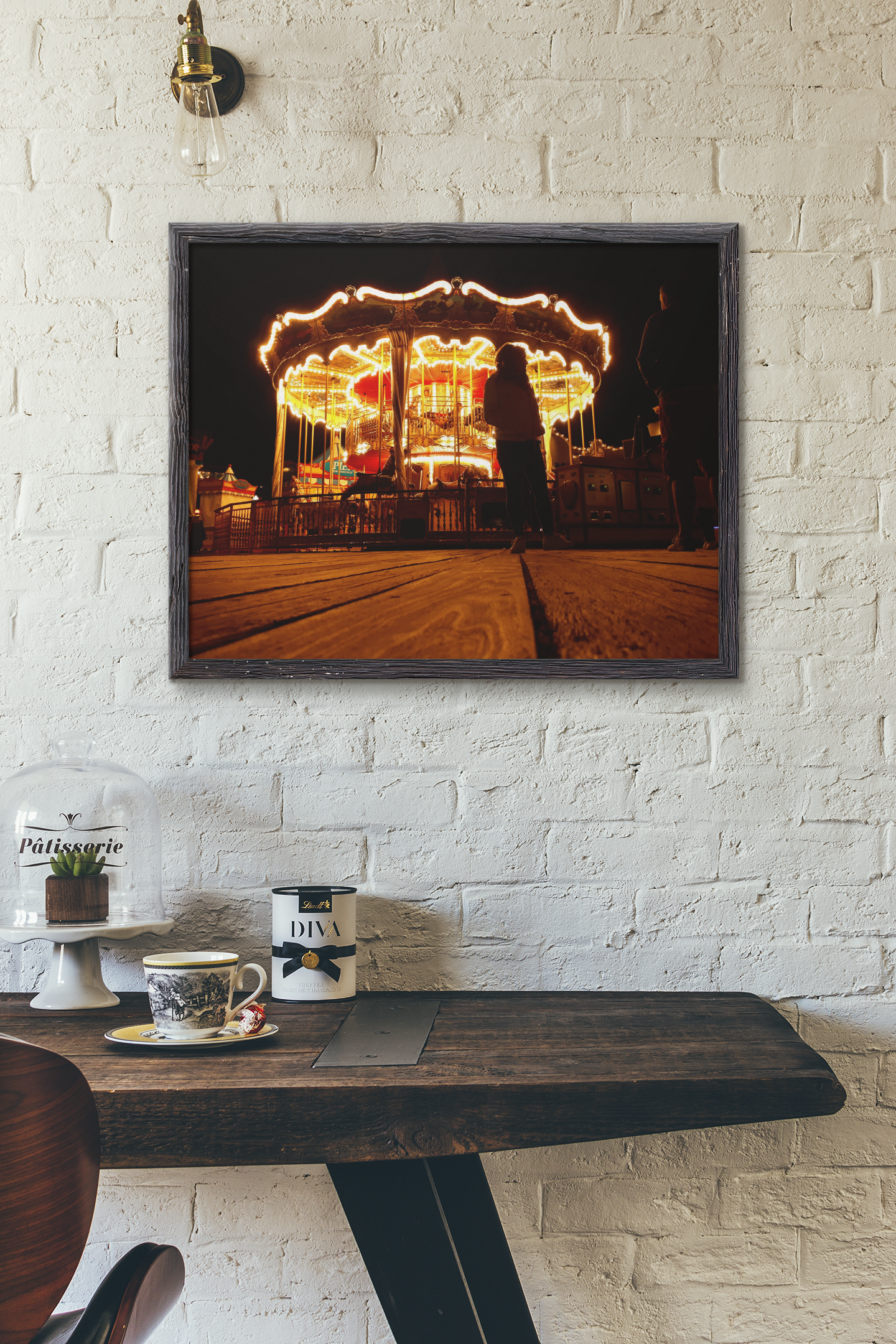 Fotografie mit Karussel in der Nacht auf Leinwand gedruckt