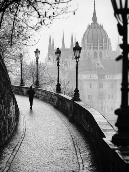 Fotografie schwarz weiß Laternenstraße auf Leinwand gedruckt