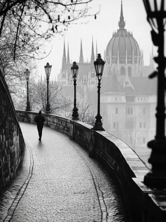 Fotografie schwarz weiß Laternenstraße auf Leinwand gedruckt