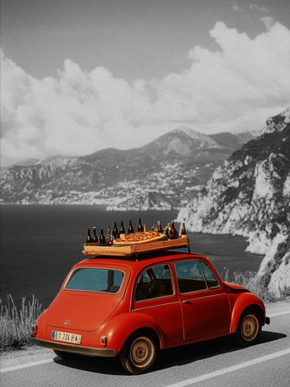 Fotografie_ roter Oldtimer in Italien auf Leinwand gedruckt