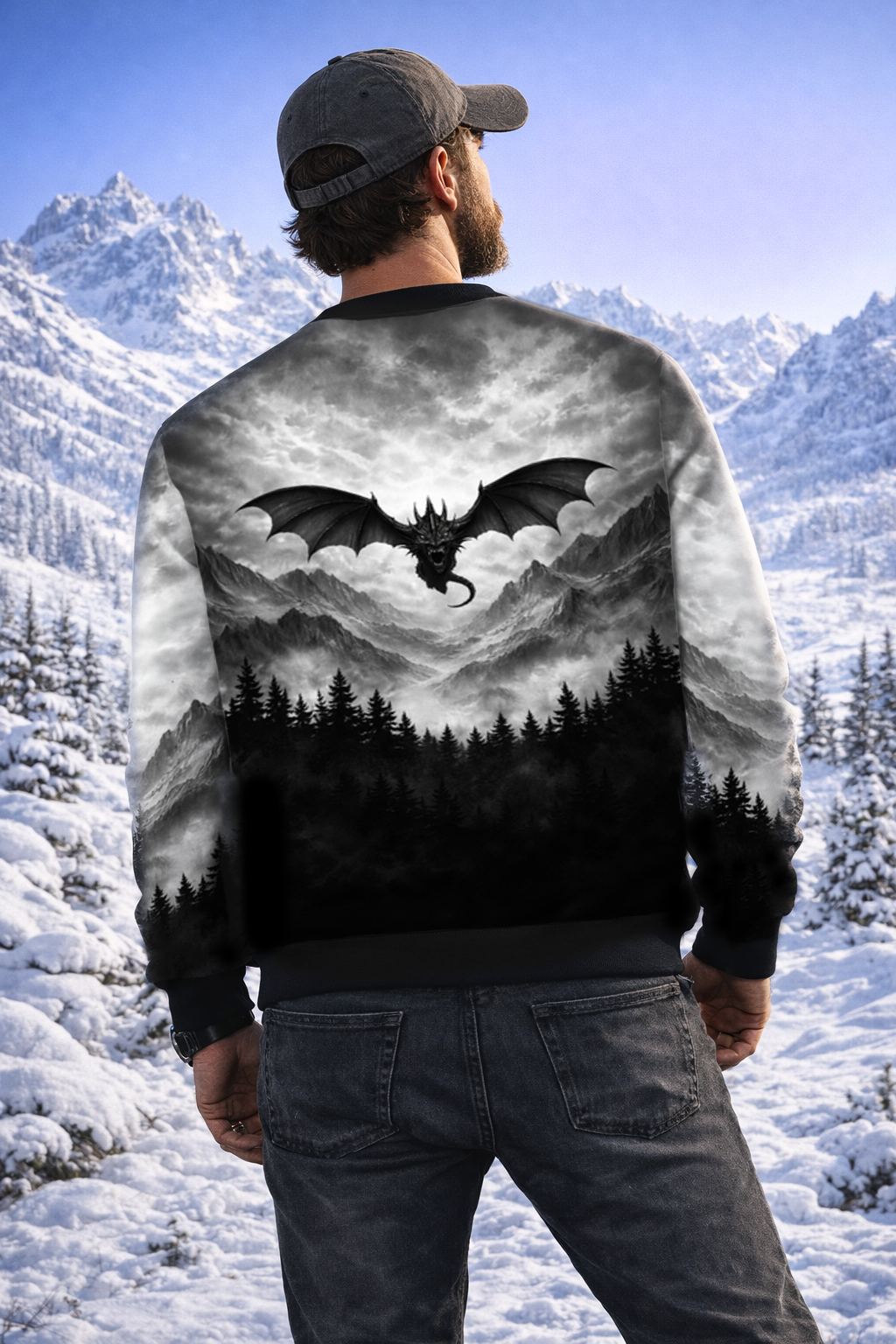 Pullover Magical Fantasy World with Wizard and Dragon