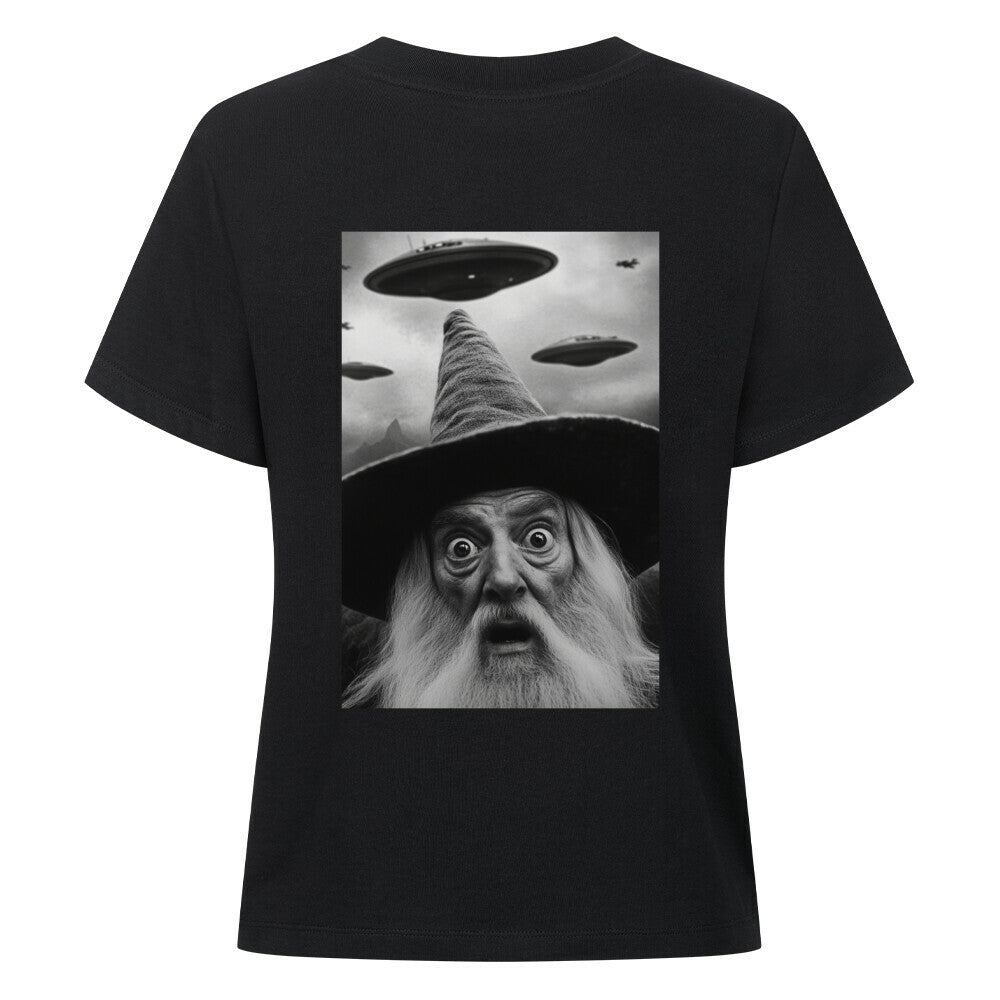 Damen T-Shirt Funny Wizard with Ufos  Backprint lustiger Zauberer mit Ufos
