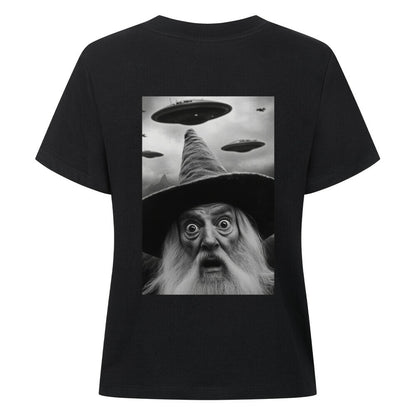 Damen T-Shirt Funny Wizard with Ufos  Backprint lustiger Zauberer mit Ufos