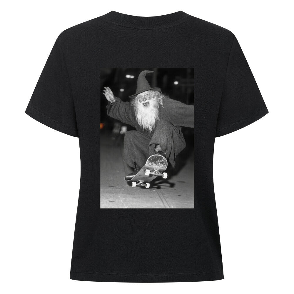 Damen_T-Shirt_Happy_skateboarding_Wizard_Backprint Glücklicher_skateboardender_Zauberer