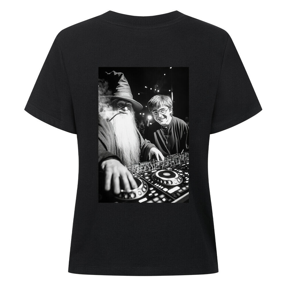 Damen T-Shirt Wizard DJ Music Maker Backprint Cooler Zauberer Musik Maker 
