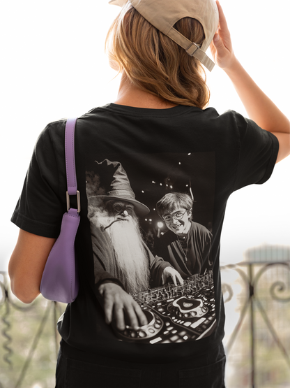 Damen T-Shirt Wizard DJ Music Maker Backprint Cooler Zauberer Musik Maker 