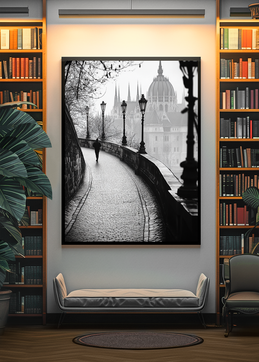 Fotografie schwarz weiß Laternenstraße auf Leinwand gedruckt