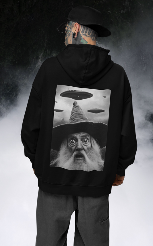 Hoodie Funny Wizard with Ufos Backprint lustiger Zauberer mit Ufos