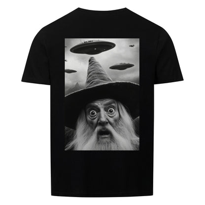 T-Shirt Unisex Funny Wizard with Ufos Backprint lustiger Zauberer mit Ufos